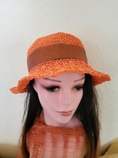 Handmade Crochet Ladies Summer Hat Brim Flower Ribbon Raffia Orange Medium 