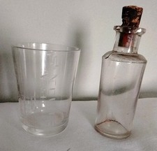 Apothecary Glass Measure Cup And Medicine Vial Glass Minature Bottle.  Vintage