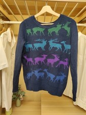 H! BY HENRY HOLLAND NAVY UK 14 JUMPER PULLOVER REINDEER KNIT CASUAL CREW WOMENS