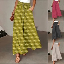 Womens Palazzo Trousers Elastic Waist Wide Leg Loose Culotte Pants Plain UK