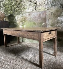 Large Antique French Rustic Farmhouse Table Fruitwood Chestnut with 2 Drawers