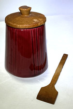Vintage 1960s Jie Gantofta Sweden Burgundy Ceramic Mustard Pot Wood Spoon & Lid