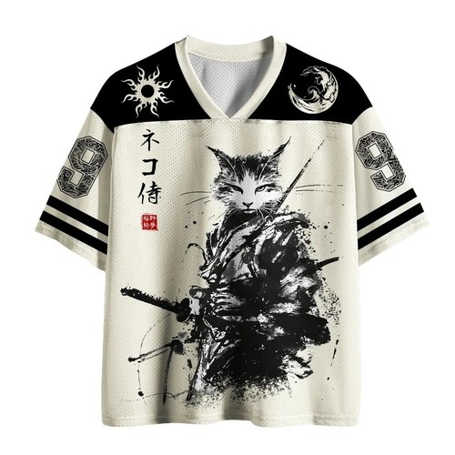 Samurai cat print neck t - cat,