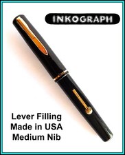 Vintage INKOGRAPH Black Fountain Pen - Lever System - SERVICED New Sac
