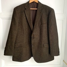 M&S Herringbone Moon Tweed Blazer Mens 48 S Green Pure Wool Sports Coat Jacket