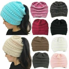 Womens Girls Stretch Knit Hat Messy Bun Ponytail Beanie Warm Hats Winter UK