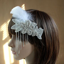 1920's FLAPPER WHITE FEATHER  Diamante  LEAF  CLIP FASCINATOR HEADDRESS WEDDING