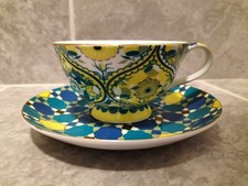 T2 Fine Bone China Tea Cup & Saucer Set Yellow Blue Turquoise Pattern