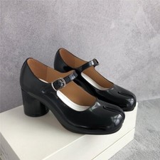 Women Retro Ankle Strap tabi Clip Toe Mary Jane Shoes Block Heels Leather Pumps