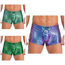 UK Men's Fish Scale Shiny Shorts Hot Pants Elastic Waistband Lace-up Clubwear