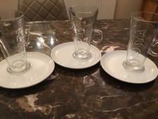 3x Costa Coffee Latte Glasses Hot Chocolate Cappuccino Mugs & Saucers 8” Inch