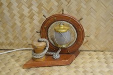 Vintage 1950's-60's Wooden Nautical Ships  Wheel Table Desk Lamp Light, Tiki Bar