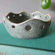 Vintage Pottery Trinket Dish Earthy Sage Green Glaze Wavy Edge Cut Out Catch All