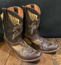 Big Bull Women's 8 (US) Mid-Calf Western Boots Embroidered Wings Cross Leather