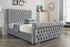 Sleigh Bed Frame Plush Velvet Gas Lift Chesterfield Double & King Size Bed