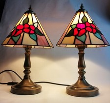 Vintage 17" Tall Pretty Pair Of Tiffany Style Stained Leaded Glass Table Lamps