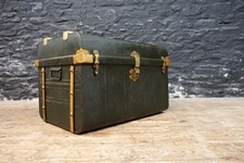 Antique Victorian Tin Steamer Trunk / Chest in Dark Green & Gold ~Interior Decor
