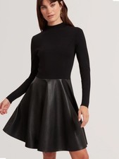 TED BAKER Dress Womens TB2 UK 10 Milioa Black Knit Bodice Faux Leather Skirt NEW