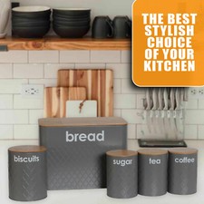 5Pcs Kitchen Storage Tins Canister Set Bamboo Lid Coffee Tea Sugar Bread Jar Bin