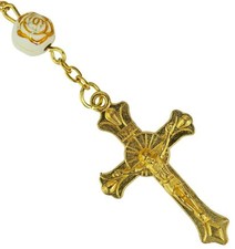 Gold white rose bead - white, catholic
