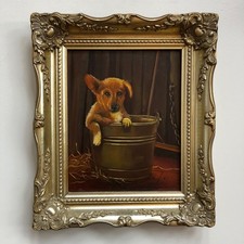 Antique Puppy Dog Portrait Oil Painting