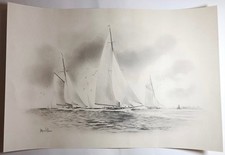 Herbert W Hellings Drawing “Yacht Race” Sailing Boats Maritime Art c1930s