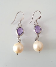 Gorgeous Sparkling Real Amethyst & Pearl Drop Earrings 925 Solid Silver #22903