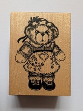 PSX WM Rubber Stamp F599 Teddy Bear Girl In A Dress Heart Flowers Hat Country