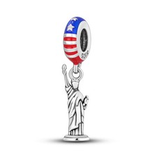 Statue Of Liberty USA Flag America Dangle Charm Genuine Bead Sterling Silver 925