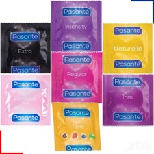  Pasante Condoms Regular Trim Extra Safe Delay Ribbed Dots Intensity Flavours