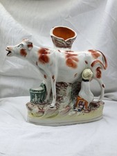 Antique Staffordshire Cow Creamer Figurine Milkmaid Milking Cow c1850
