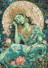 Green Tara Art Print Buddhist Goddess Mosaic Style Lotus Flowers Spiritual AF78