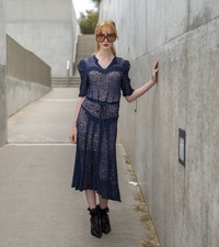 Stunning Vintage 1940s 1930s Sheer Navy Peekaboo Blue Rayon Lace Tea Dress S M