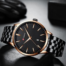 Mens Black Analog Watches Curren Casual Waterproof Stainless Steel Quartz Watch