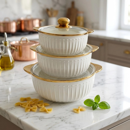 3pc white ceramic casserole - white,