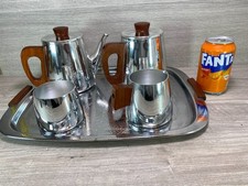 Vintage 5 Piece Stainless Steel Tea Service By SONA Wooden Handles Tray Included