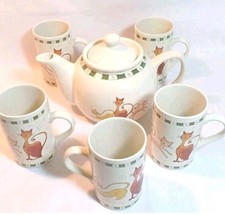 Novelty Cat Tea Set. 'COTTAGE GARDEN' cat Tea Pot And Mugs. England