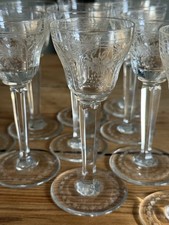 10 x Antique Etched Crystal Sherry Liqueur Glasses Hand Blown Hexagonal Stem
