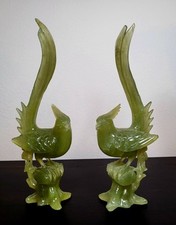 Pair of Carved Chinese Jade Bird Pheasant Phoenix Figurines Statues