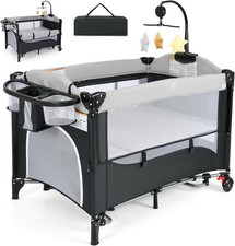 6in1 Baby Travel Cot Foldable Crib with Mattress, Changer & Storage Dark Grey