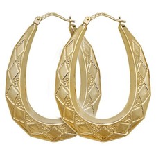 9CT YELLOW GOLD ON SILVER LARGE PATTERNED OVAL LADIES CREOLE HOOP EARRINGS -