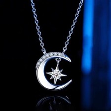 Crystal Moon Star Pendant 925 Sterling Silver Necklace Women Jewellery Love Gift