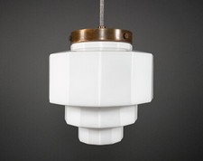 Original 1930s English Art Deco Stepped Opaline Glass Pendant Lamp – 2 Available