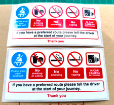 Taxi Warning Stickers x 2 CCTV No Smoking Vaping Eating Seatbelt Route Reminder