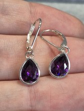 Sterling Silver Deep Purple Pear Cut Amethyst Dangle Drop Earrings