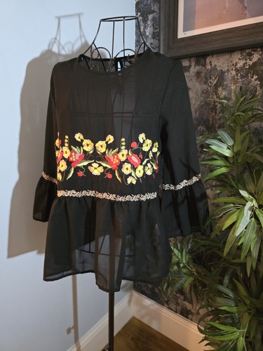 Black embroidered smock top - black,