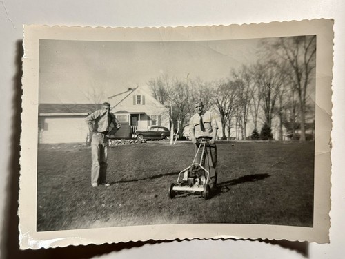 Vintage photo men push mowing - vintage,
