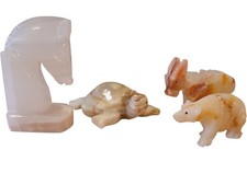 Set of 4 Vintage Carved Onyx Animal Figurines Horsehead Bookend Donkey Turtle