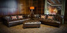 PAIR TETRAD DRUMMOND GRAND & MIDI ANTIQUE TAN LEATHER CHESTERFIELD SOFAS & STOOL