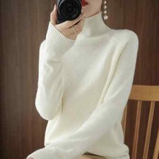 Women Autumn Winter Turtleneck Sweater Slim Solid Knitted Cashmere Pullover UK